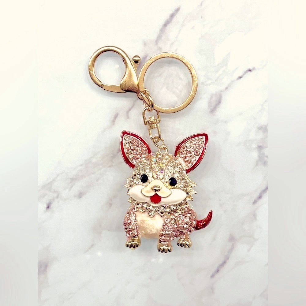 Crystal Enamel Dog Keychain Charm - Pink